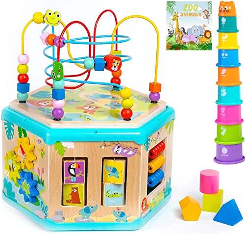 Pidoko Kids Wooden Activity Cube with 2 Tops - Montessori Center Birthday Gifts for 18 Months + Year Old Toddlers - Developmental Learning Baby Girl Boy Toys - Educational Bead Maze Set and Zoo Book