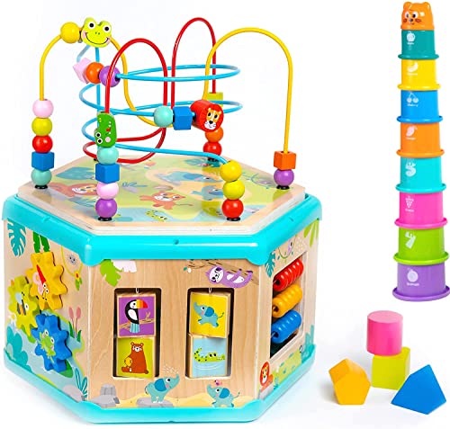 Pidoko Kids Wooden Activity Cube with 2 Tops - Montessori Center Birthday Gifts for 18 Months + Year Old Toddlers - Developmental Learning Baby Girl Boy Toys - Educational Bead Maze Set and Zoo Book