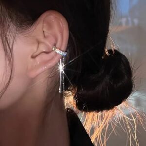 Ear Cuff Tassel Earrings for Women Cubic Zirconia Hoop Huggie Ear Cuffs for Women Non Piercing (A-Silver,2 PCS)