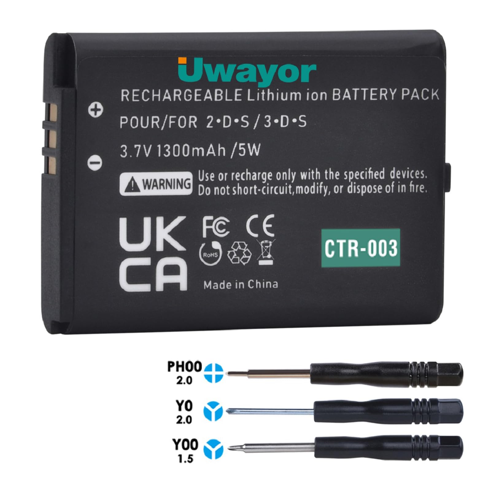 Uwayor CTR-003 Battery Compatible with 2DS 3DS New 2DS XL Game Console, 1300 mAh 3.7V with Tool Kit (Not for New 3DS and 3DS XL)