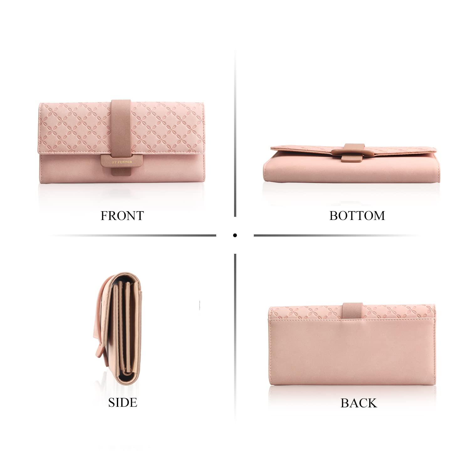 FT FUNTOR RFID Wallets for Women, Trifold Womens Wallet with Coin Zipper Pocket Vegan Leather Ladies Wallets Coins Zipper Pocket with ID Window (Blush pink)