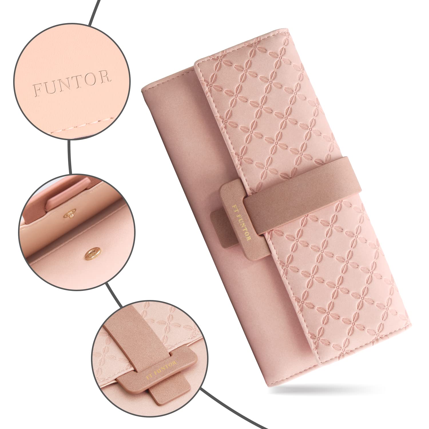 FT FUNTOR RFID Wallets for Women, Trifold Womens Wallet with Coin Zipper Pocket Vegan Leather Ladies Wallets Coins Zipper Pocket with ID Window (Blush pink)