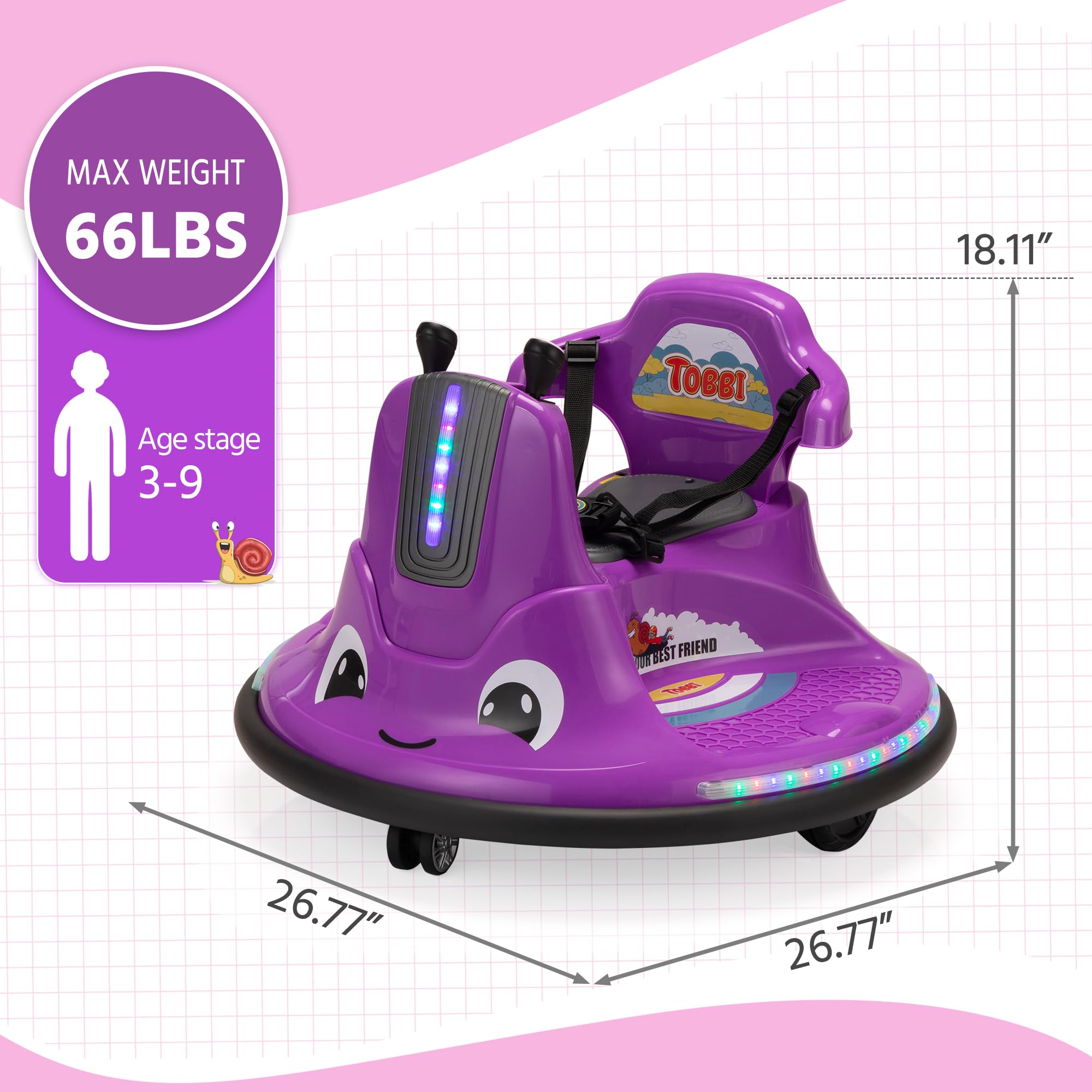 TOBBI Snail Bumper Car 12v Electric Ride on Toy Battery Powered Electric Vehicle with Remote Control/DIY Sticker/360 Degree Spin/LED Lights Gifts for Kids & Toddlers Age 3-9(Dark Purple)