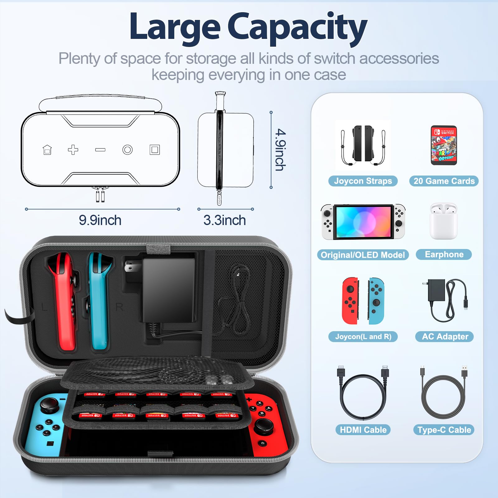 Switch OLED Carrying Case Compatible with Nintendo Switch/OLED Model, Portable Switch Travel Carry Case Fit for Joy-Con and Adapter, Hard Shell Protective Switch Pouch Case with 20 Games, Grey