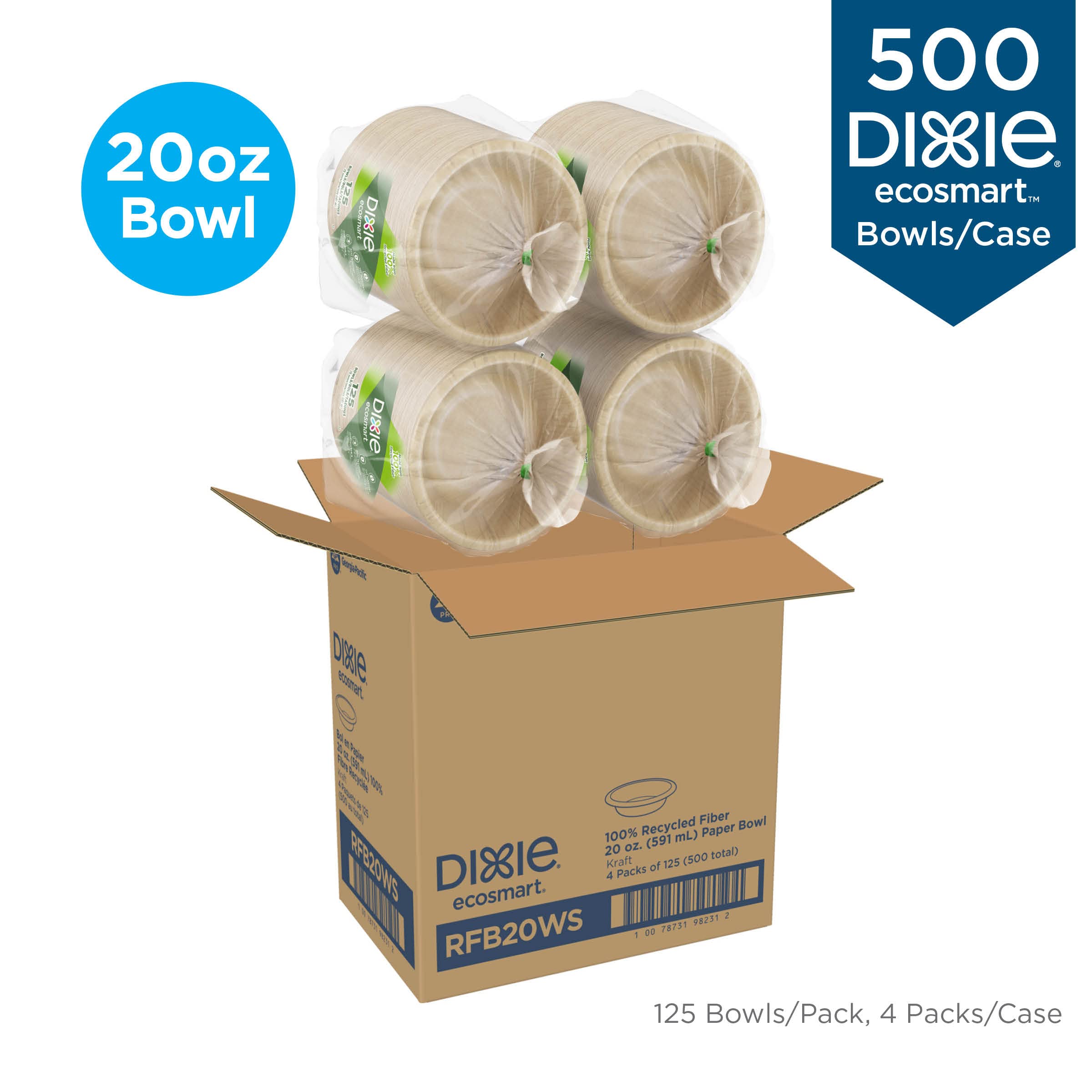 Dixie ecosmart‚ 20oz 100% Recycled Fiber Paper Bowls by GP PRO (Georgia-Pacific), RFB20WS, 500 Count (125 Bowls Per Pack, 4 packs Per Case)