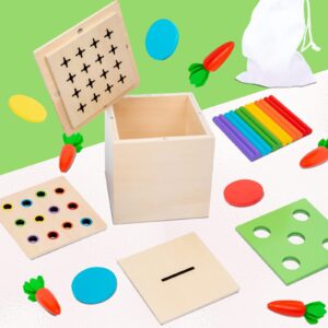 4-in-1 Montessori Wooden Toy for 1+ Year Old,Wooden Play Kit Kids Toy Box - Carrot Harvest Games, Infant Coin Box, Fine Motor Skills Toys and Cotton Swab Drop Game Box,Gift for Babies 6-12 Month