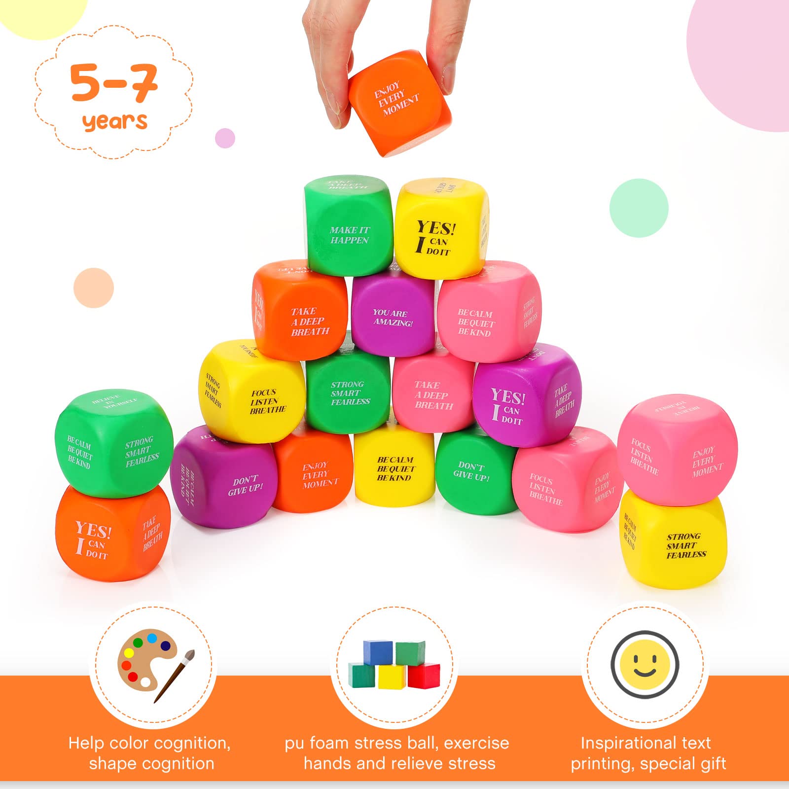 Zhehao 20 Pieces Motivational Stress Ball Bulk for Adults Square Shape Brain Stress Relief Balls Quotes Foam Dice for Kids Classroom School Supplies Social Emotional Learning Anxiety Toys, 5 Colors