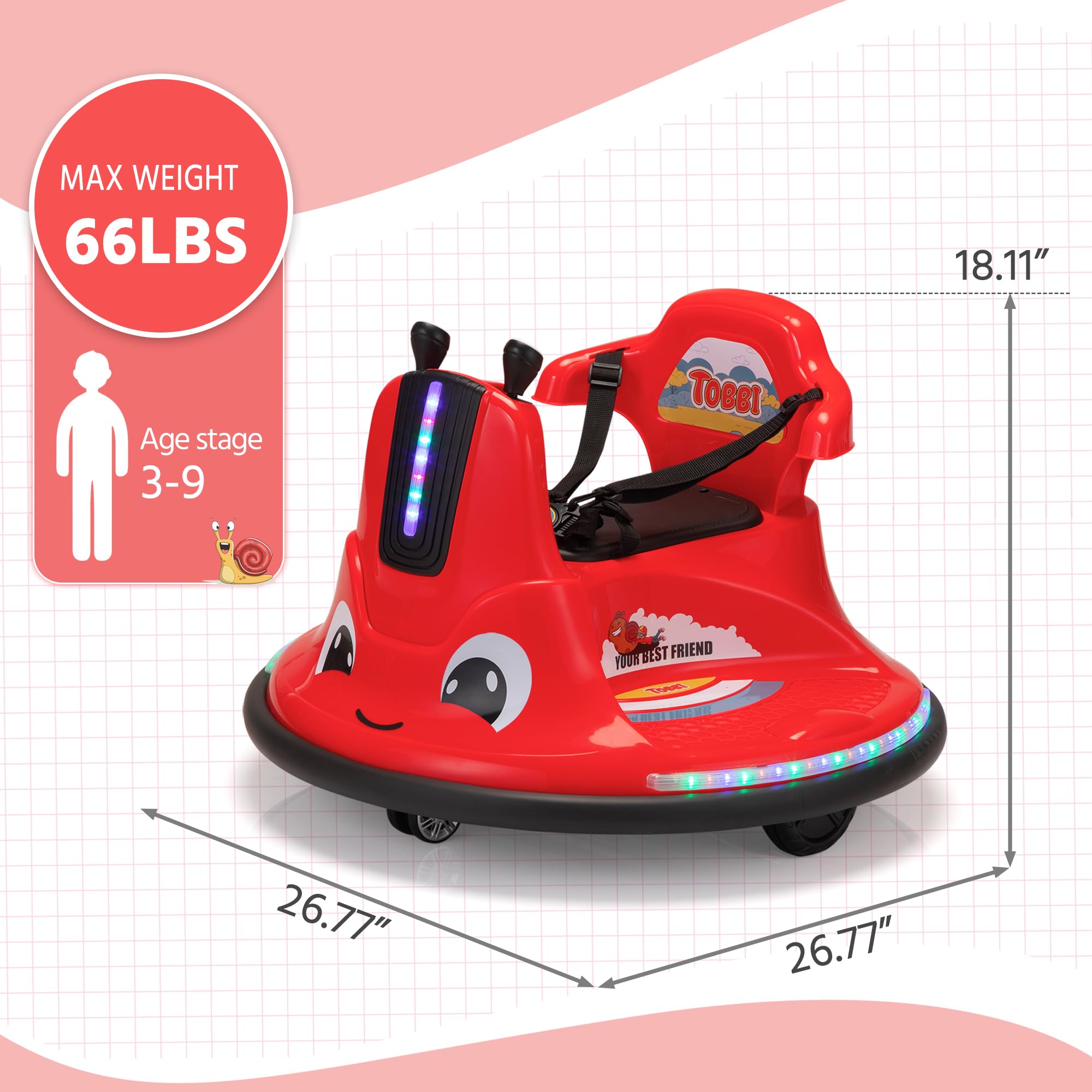 TOBBI 12V Kids Ride on Electric Bumper Snail Car with Remote Control/360 Degree Spin/DIY Sticker/LED Lights for Toddlers Age 3-9 (Red)