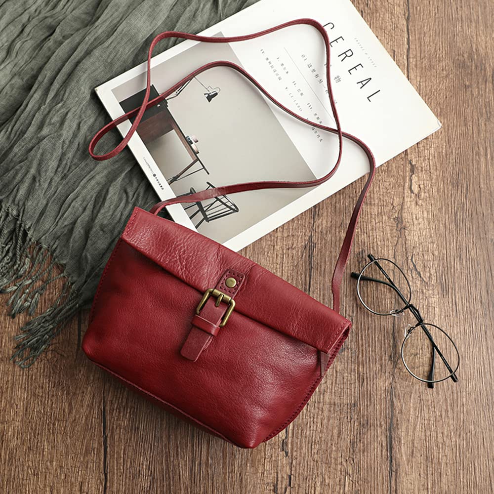 NIGEDU Genuine Leather Women Crossbody Bag Female Real Cow Leather Messenger Bags Small Handbag Retro Phone Purse (Burgundy)