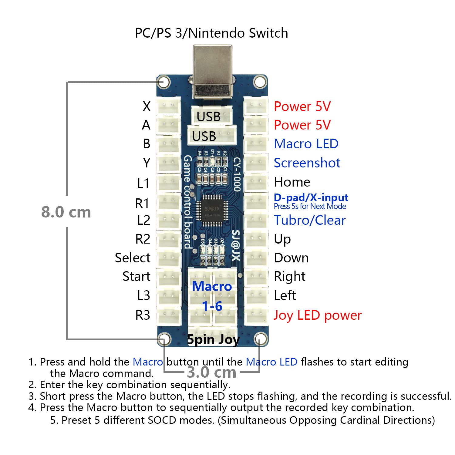 SJ@JX Arcade Game USB Encoder Board Macro Command Zero Delay Gamepad Button Joystick Controller for Nintendo Switch PC PS3 Raspberry Pi