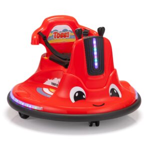 tobbi 12v kids ride on electric bumper snail car with remote control/360 degree spin/diy sticker/led lights for toddlers age 3-9 (red)