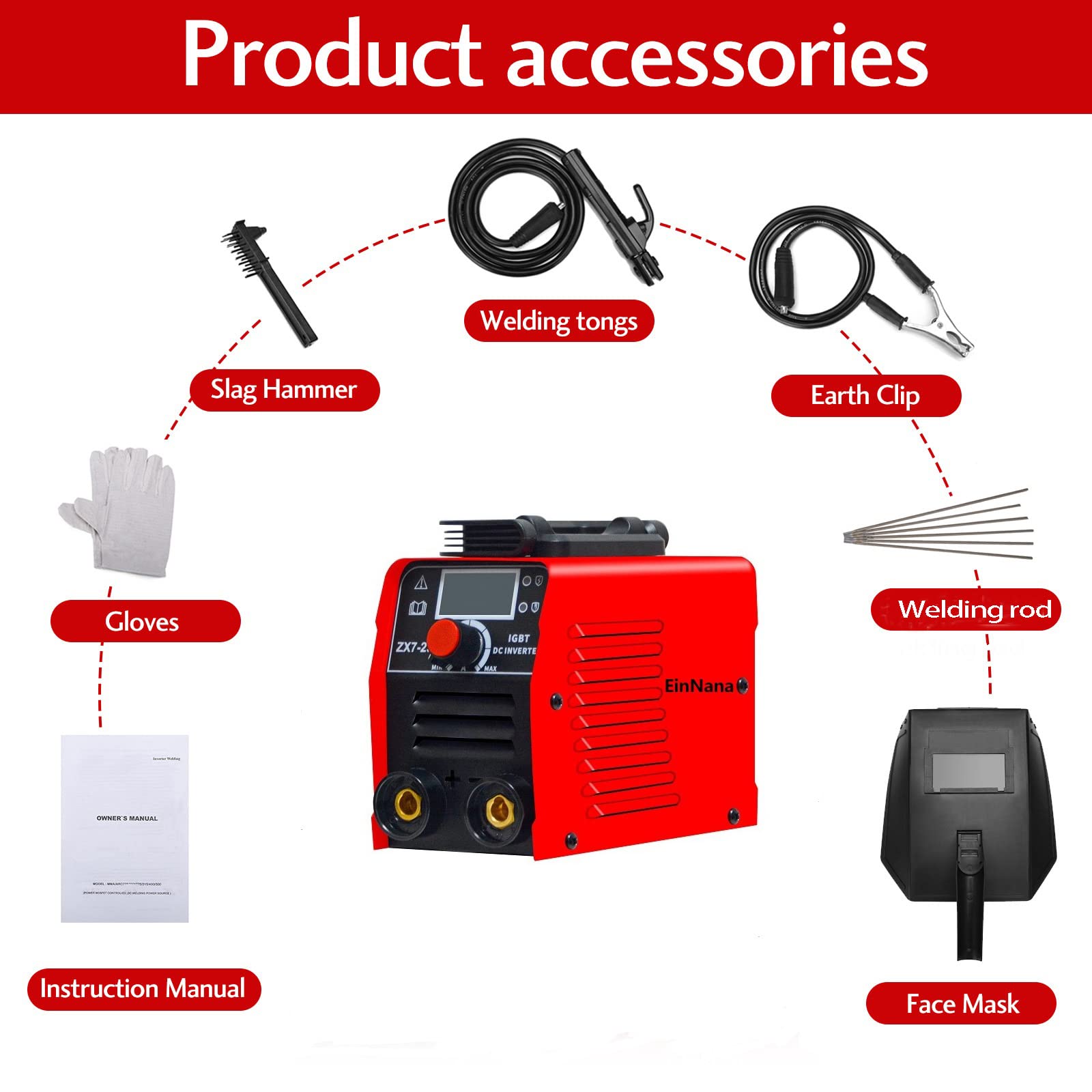 EinNana Welder Machine 110V/120V,Stick MMA Welding Machine IGBT Smart VRD Hot Start with Welding pliers 、Ground Wire、mask 、gloves and 5 welding rods .fits Below 3.2mm Welding rods.