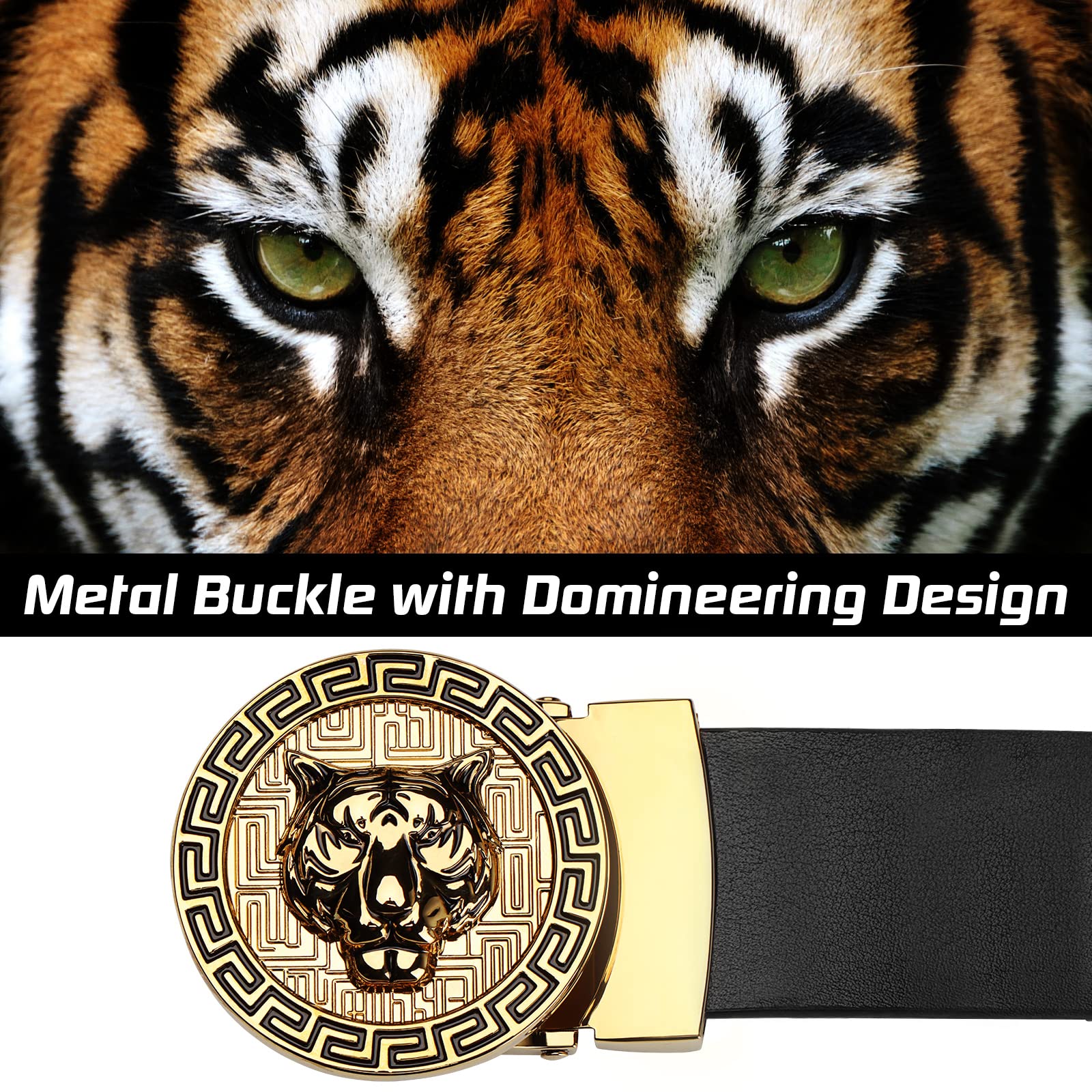 JEKIXHUA Men's Luxury Gold Tiger Buckle Cowhide Leather Dress Belt fit 44" Adjustable (Tiger 2, 22" - 42" Waist Adjustable)