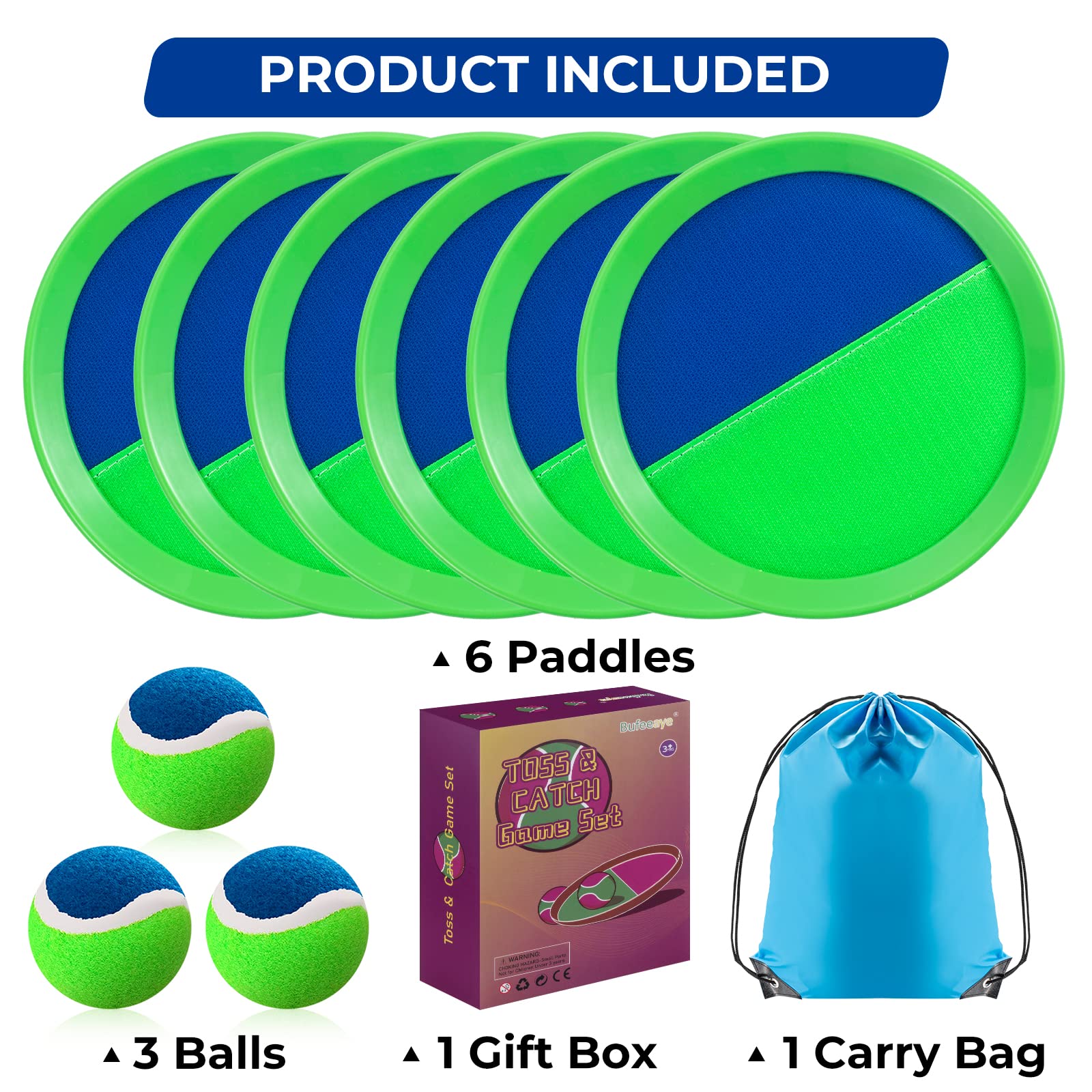 Bufeeaye Beach Toys - Toss and Catch Ball Set, Pool Games Pool Toys for Kids and Adults with 6 Paddles and 3 Balls Toys for 3 4 5 6 7 8 Year Old Boys Girls Birthday Easter Gift