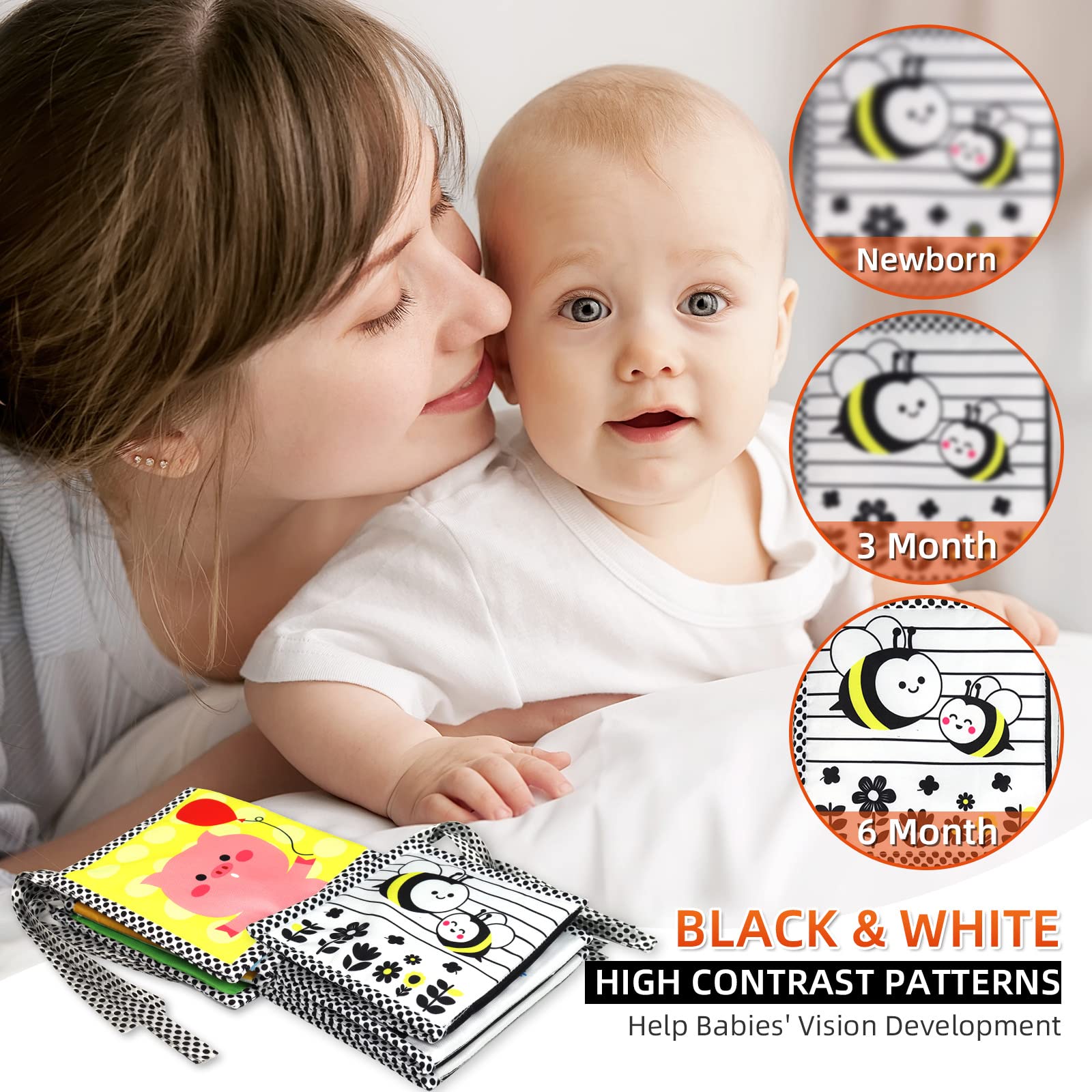 OKOOKO Black and White High Contrast Soft Baby Books 2PCS Washable Tummy Time Toy Crib Stroller Toy Montessori Sensory Toy Early Education for Newborn Baby Infant 0-6 6-12 Months