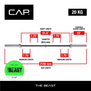 Cap Barbell THE BEAST Olympic Bar | For Weightlifting and Power Lifting, THE BEAST - Black/Chrome, No Center Knurl, 7' Olympic, (OBIS-86B) New Version