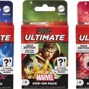 Mattel Games ​UNO Ultimate Marvel Add-On 3-Pack Set with Collectible Character Deck & 2 Foil Cards, Includes Spider-Man, Dr. Strange and Scarlet Witch