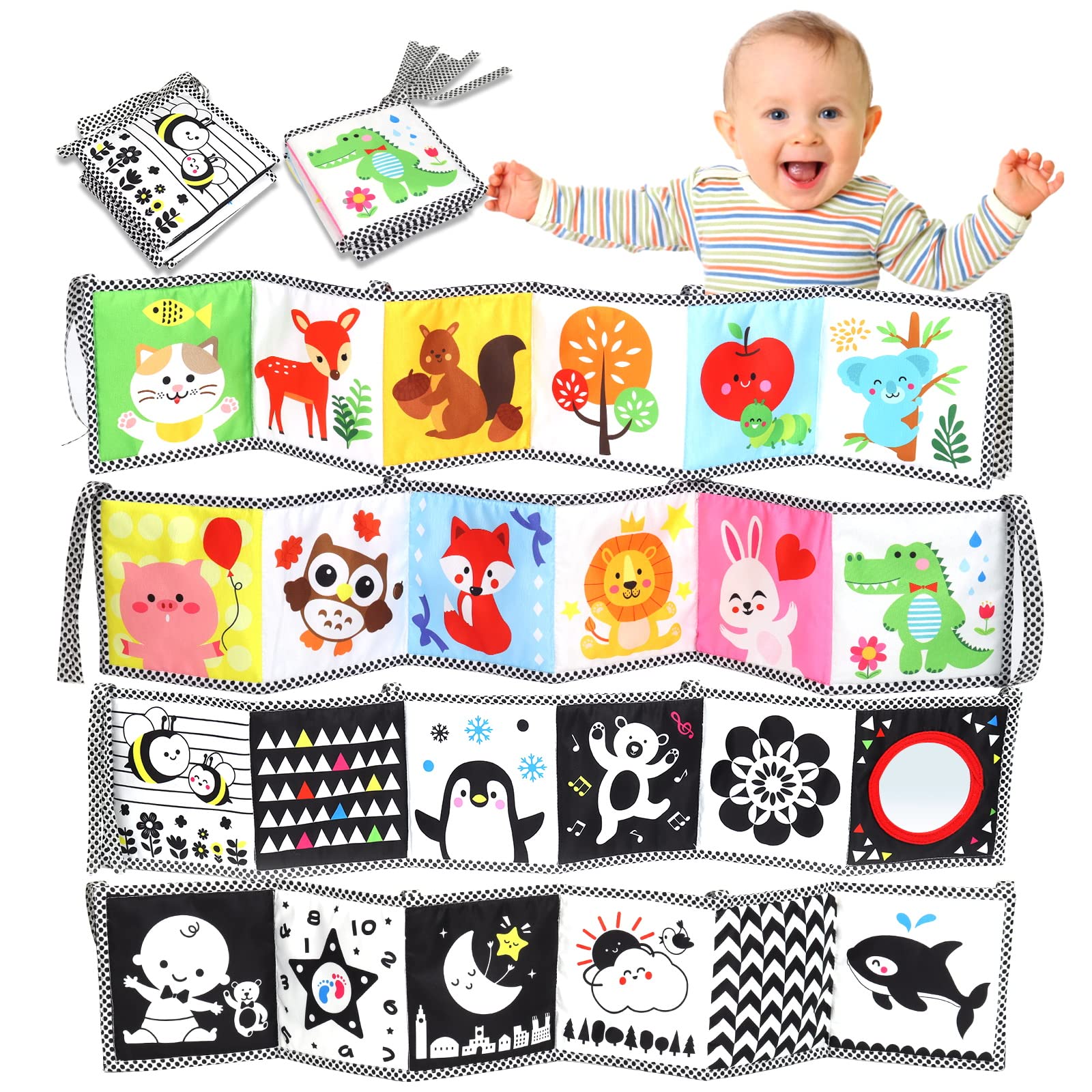 OKOOKO Black and White High Contrast Soft Baby Books 2PCS Washable Tummy Time Toy Crib Stroller Toy Montessori Sensory Toy Early Education for Newborn Baby Infant 0-6 6-12 Months