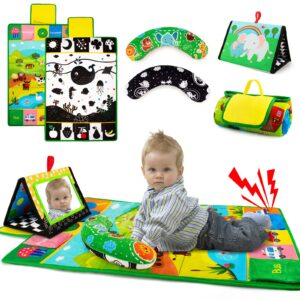 Tummy Time Mirror & Play Mat & Pillow 3-in-1, High Contrast Black and White Baby Toys, Activity Mat for Early Education, Newborn Infant Tummy Time Toy Set for 0 3 6 12 Month Crinkle/Squeake