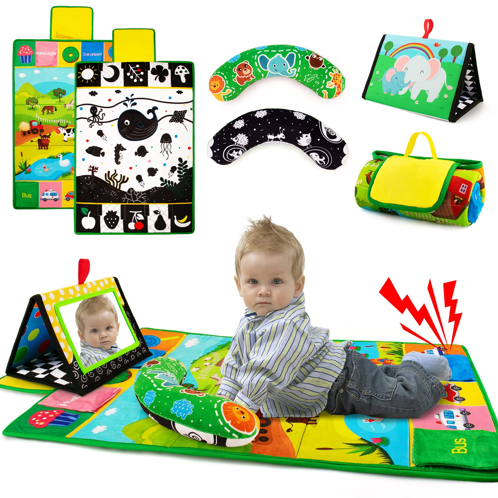 Tummy Time Mirror & Play Mat & Pillow 3-in-1, High Contrast Black and White Baby Toys, Activity Mat for Early Education, Newborn Infant Tummy Time Toy Set for 0 3 6 12 Month Crinkle/Squeake