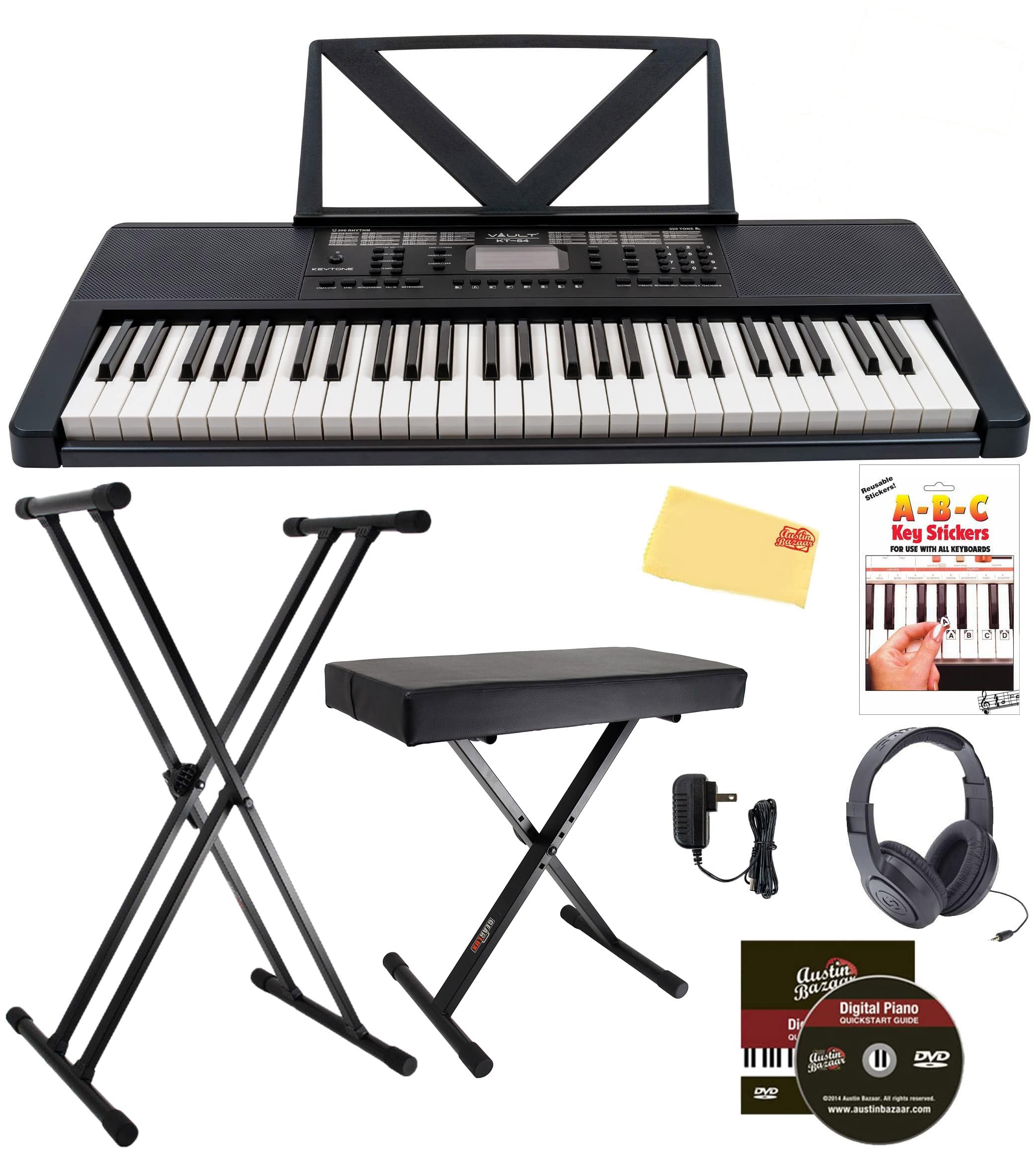 Vault KT-54 Keytone 54-Key Electronic Keyboard - Black Bundle with Adjustable Stand, Bench, Headphones, Keyboard Stickers, Austin Bazaar Instructional DVD, and Polishing Cloth