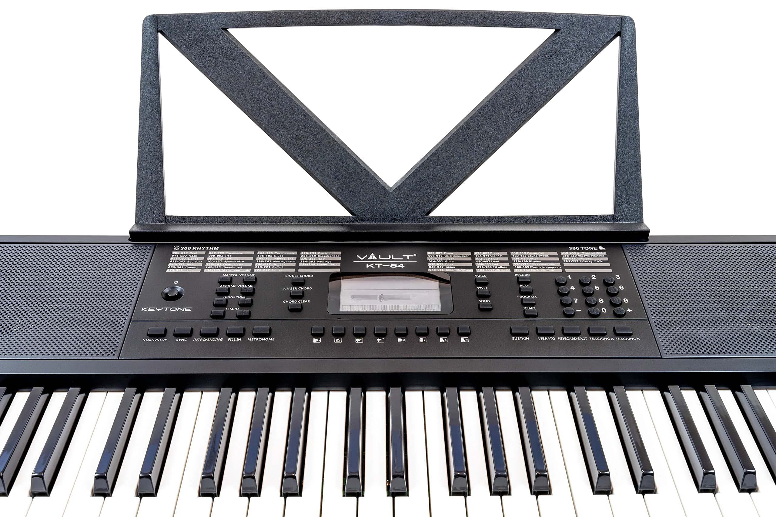 Vault KT-54 Keytone 54-Key Electronic Keyboard - Black Bundle with Adjustable Stand, Bench, Headphones, Keyboard Stickers, Austin Bazaar Instructional DVD, and Polishing Cloth