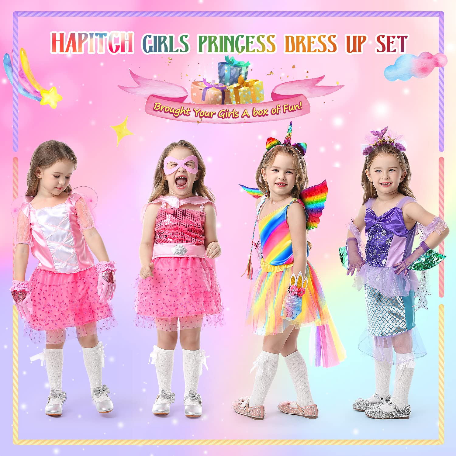 HAPITCH Girls Dress up Clothes for Play,Princess Dress up Clothes for Little Girls,Toddler Dress up Trunk,Princess Dresses Gift Set for Girls Age 3-6 Years