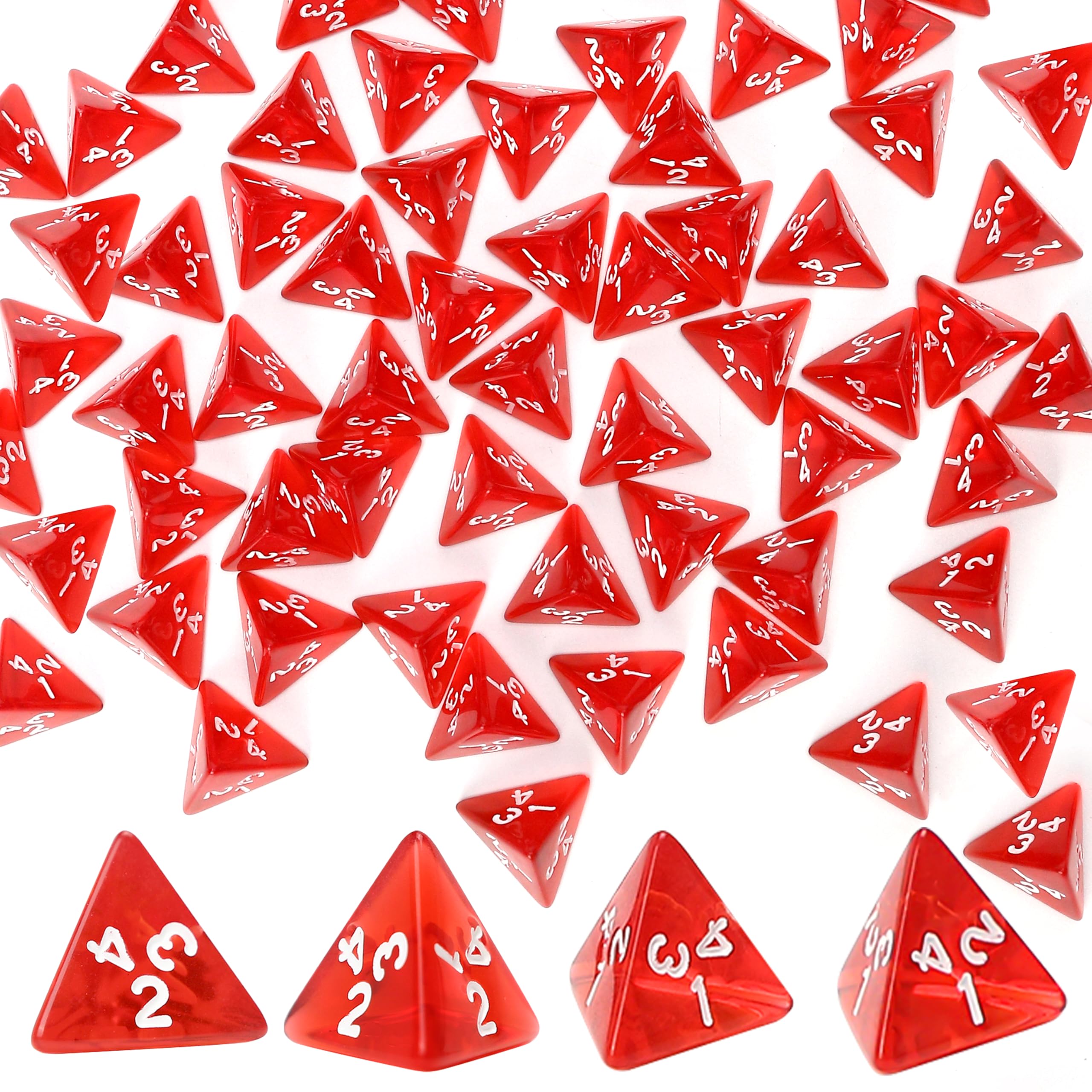 60PCS Red Four Sided D4 Dice for D&D TRPG Cup Games, Multi Gem Polyhedral Triangular Mini Acrylic Dice Set Suitable for Board Table RPG Gaming Theme Parties Gatherings Bar Gift for Friends Family