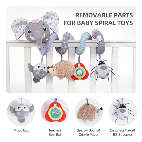 Koty Car Seat Toys, Infant Baby Spiral Plush Activity Hanging Toy for Stroller Bar Pram Crib with Music Box BB Squeaker & Rattles(Grey Elephant)