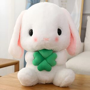 HOUPU Soft Toy - Sitting Lop Eared Rabbit, Easter White Rabbit Stuffed Bunny Animal with Carrot Soft Lovely Realistic Long-Eared Standing Pink Plush Toys (White-Four Leaf,8.6in/22cm)