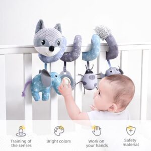 Koty Car Seat Toys, Infant Baby Spiral Plush Activity Hanging Toy for Stroller Bar Pram Crib with Music Box BB Squeaker & Rattles(Gray Fox)