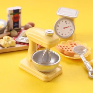 Miniature Dollhouse Kitchen Set 1:12 Decoration Waffle Maker Toaster Scale Stand Mixer Flour 10PCS Modern Mini House Furniture Accessories Kit Pretend Play (Yellow)