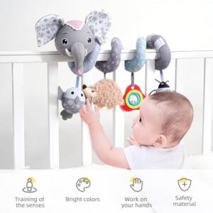 Koty Car Seat Toys, Infant Baby Spiral Plush Activity Hanging Toy for Stroller Bar Pram Crib with Music Box BB Squeaker & Rattles(Grey Elephant)