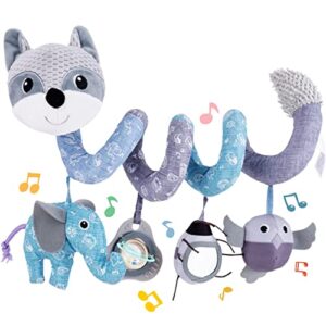 koty car seat toys, infant baby spiral plush activity hanging toy for stroller bar pram crib with music box bb squeaker & rattles(gray fox)