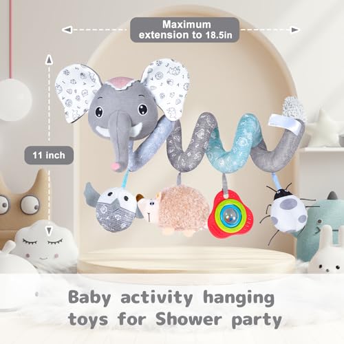 Koty Car Seat Toys, Infant Baby Spiral Plush Activity Hanging Toy for Stroller Bar Pram Crib with Music Box BB Squeaker & Rattles(Grey Elephant)