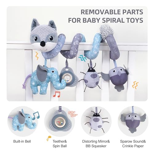 Koty Car Seat Toys, Infant Baby Spiral Plush Activity Hanging Toy for Stroller Bar Pram Crib with Music Box BB Squeaker & Rattles(Gray Fox)