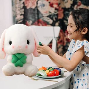 HOUPU Soft Toy - Sitting Lop Eared Rabbit, Easter White Rabbit Stuffed Bunny Animal with Carrot Soft Lovely Realistic Long-Eared Standing Pink Plush Toys (White-Four Leaf,8.6in/22cm)