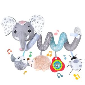 koty car seat toys, infant baby spiral plush activity hanging toy for stroller bar pram crib with music box bb squeaker & rattles(grey elephant)