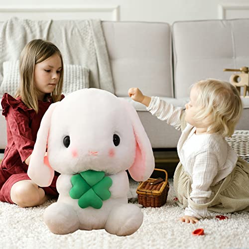 HOUPU Soft Toy - Sitting Lop Eared Rabbit, Easter White Rabbit Stuffed Bunny Animal with Carrot Soft Lovely Realistic Long-Eared Standing Pink Plush Toys (White-Four Leaf,8.6in/22cm)