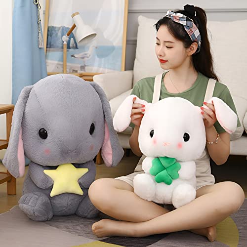 HOUPU Soft Toy - Sitting Lop Eared Rabbit, Easter White Rabbit Stuffed Bunny Animal with Carrot Soft Lovely Realistic Long-Eared Standing Pink Plush Toys (White-Four Leaf,8.6in/22cm)