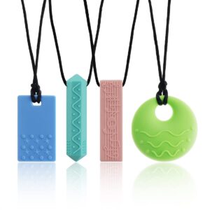 sensory chew necklaces(4 pack) for with adhd, autism, biting needs, oral motor chewy, bpa free silicone chewlery necklace（color 2）