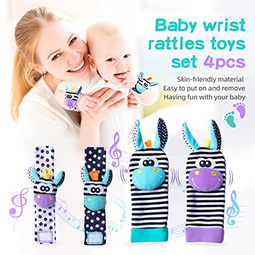 Koty Baby Wrist Rattles Foot Finder Toys Set, Toddler Rattle Sock, Arm Hand Bracelet, Feet Leg Ankle Socks, Gift for Newborn Infant Babies Boy Girl Bebe(Morandi Donkey)