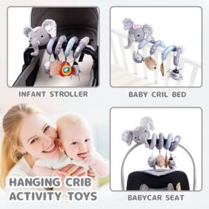 Koty Car Seat Toys, Infant Baby Spiral Plush Activity Hanging Toy for Stroller Bar Pram Crib with Music Box BB Squeaker & Rattles(Grey Elephant)