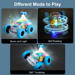 TAKIHON Car Toys for Boys,Monster Trucks with Music&Light,360° Rotating Stunt Cars,Transparent Mechanical Gear Flip Vehicles Toys,Gift for Kids,Toddlers