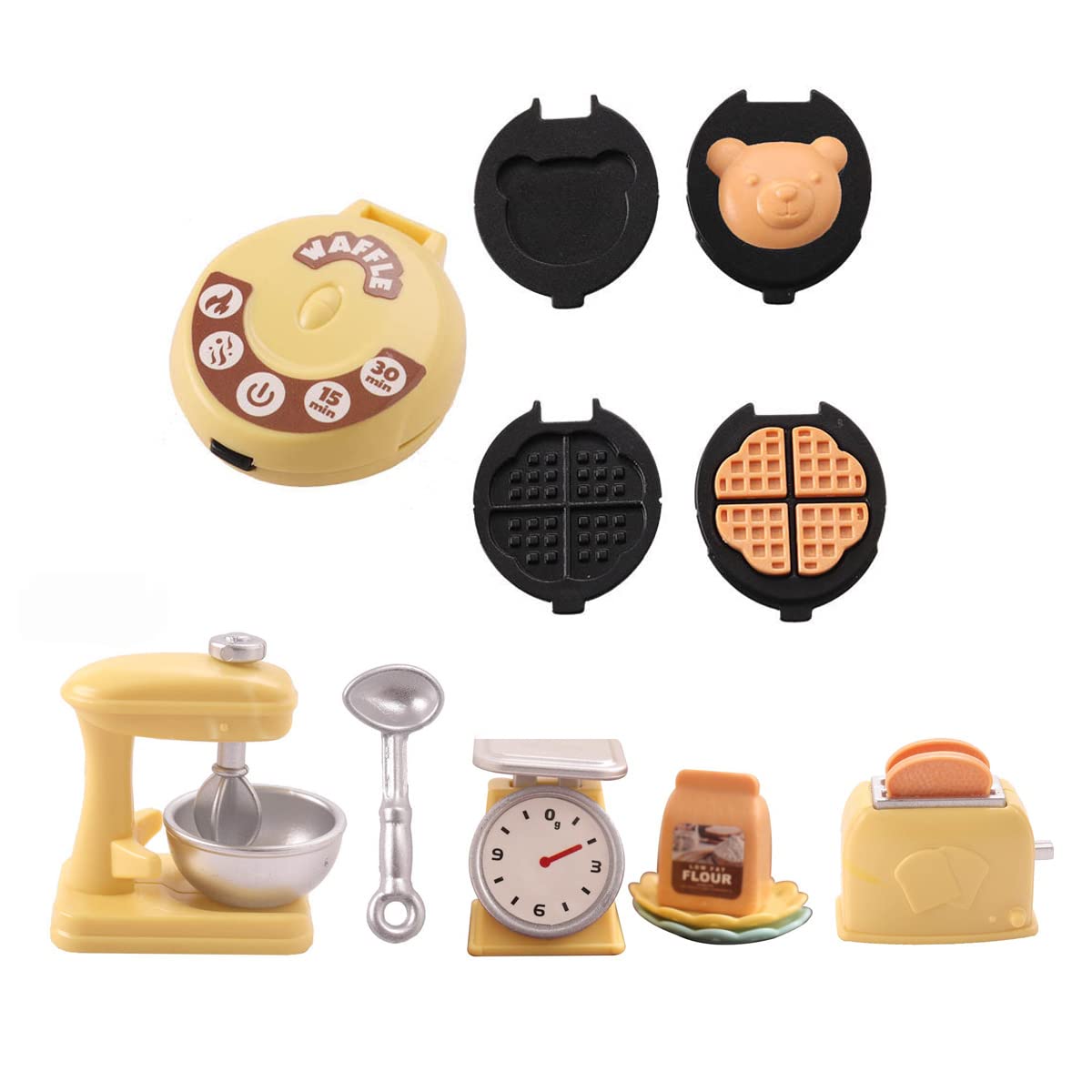 Miniature Dollhouse Kitchen Set 1:12 Decoration Waffle Maker Toaster Scale Stand Mixer Flour 10PCS Modern Mini House Furniture Accessories Kit Pretend Play (Yellow)