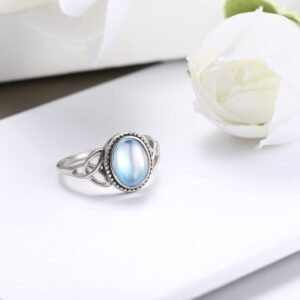 ADRAMATA 925 Sterling Silver Moonstone Ring for Women 18K White Gold Plated Rainbow Moon Stone Rings Victorian Style Gemstone Solitaire Oval Moonstone Ring Size 9