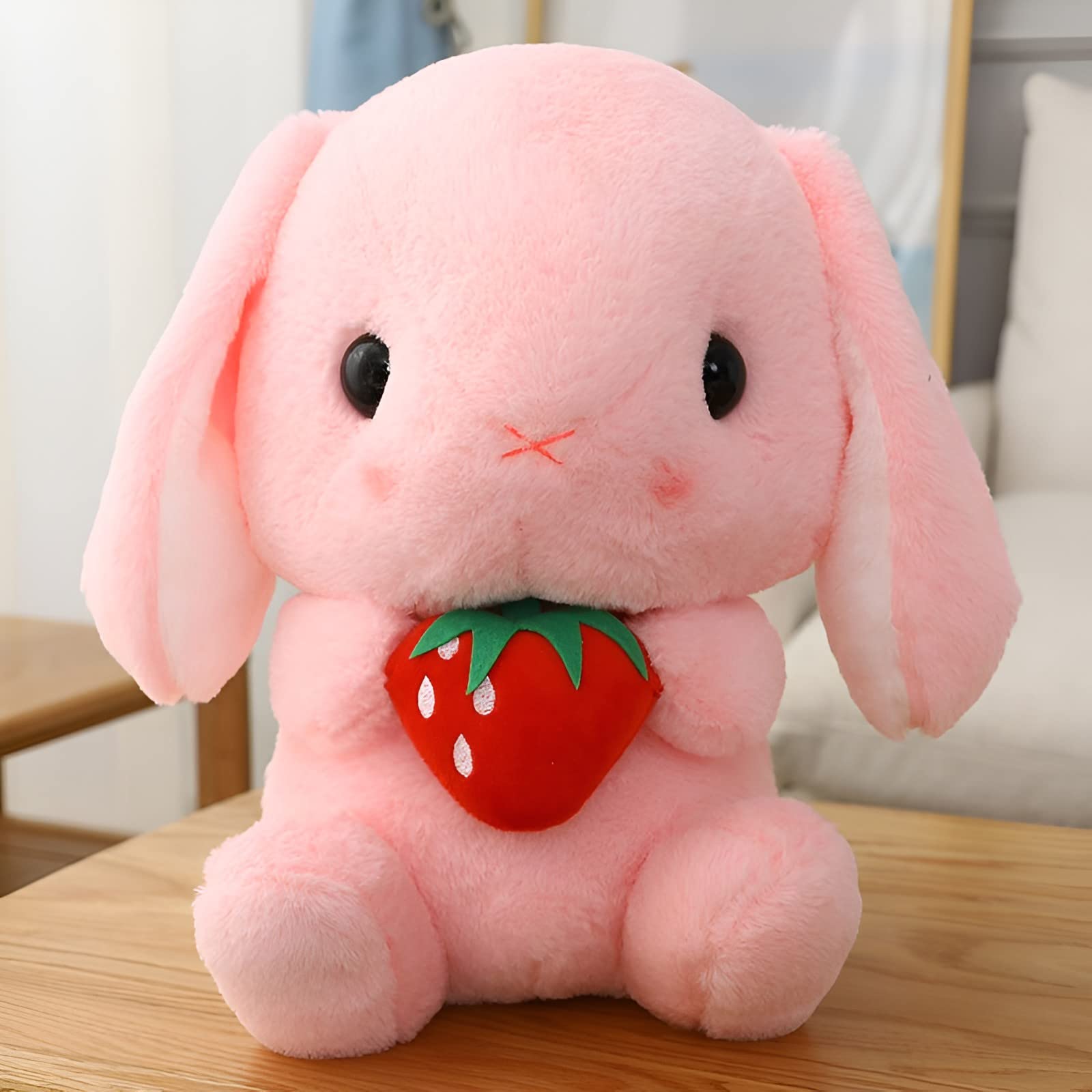 HOUPU Soft Toy - Sitting Lop Eared Rabbit, Easter White Rabbit Stuffed Bunny Animal with Carrot Soft Lovely Realistic Long-Eared Standing Pink Plush Toys (Pink-Strawberry,8.6in/22cm)