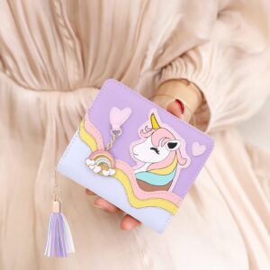 UTO Wallet for Girls Cute Unicorn Leather Vegan Small Women Tassel Rainbow Pendant Card Holder Kawaii Coin Purse