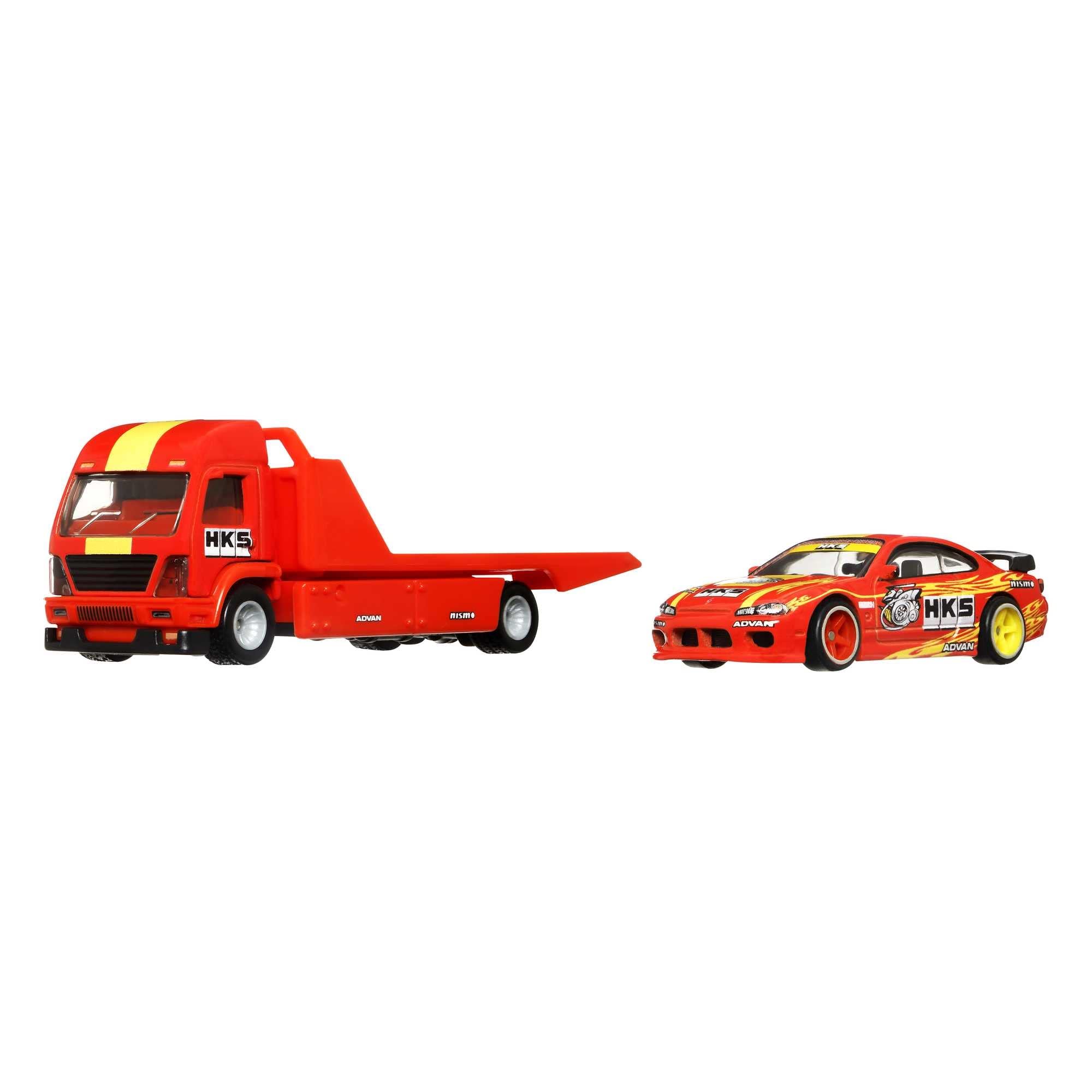 Hot Wheels Team Transport Fleet Flyer & Nissan Silvia S15, Celebrates Racing Experience & Car Culture, Premium Vehicles, 1:64 Scale Car & Transport, Gift for Race Fans & Toy Car Collectors