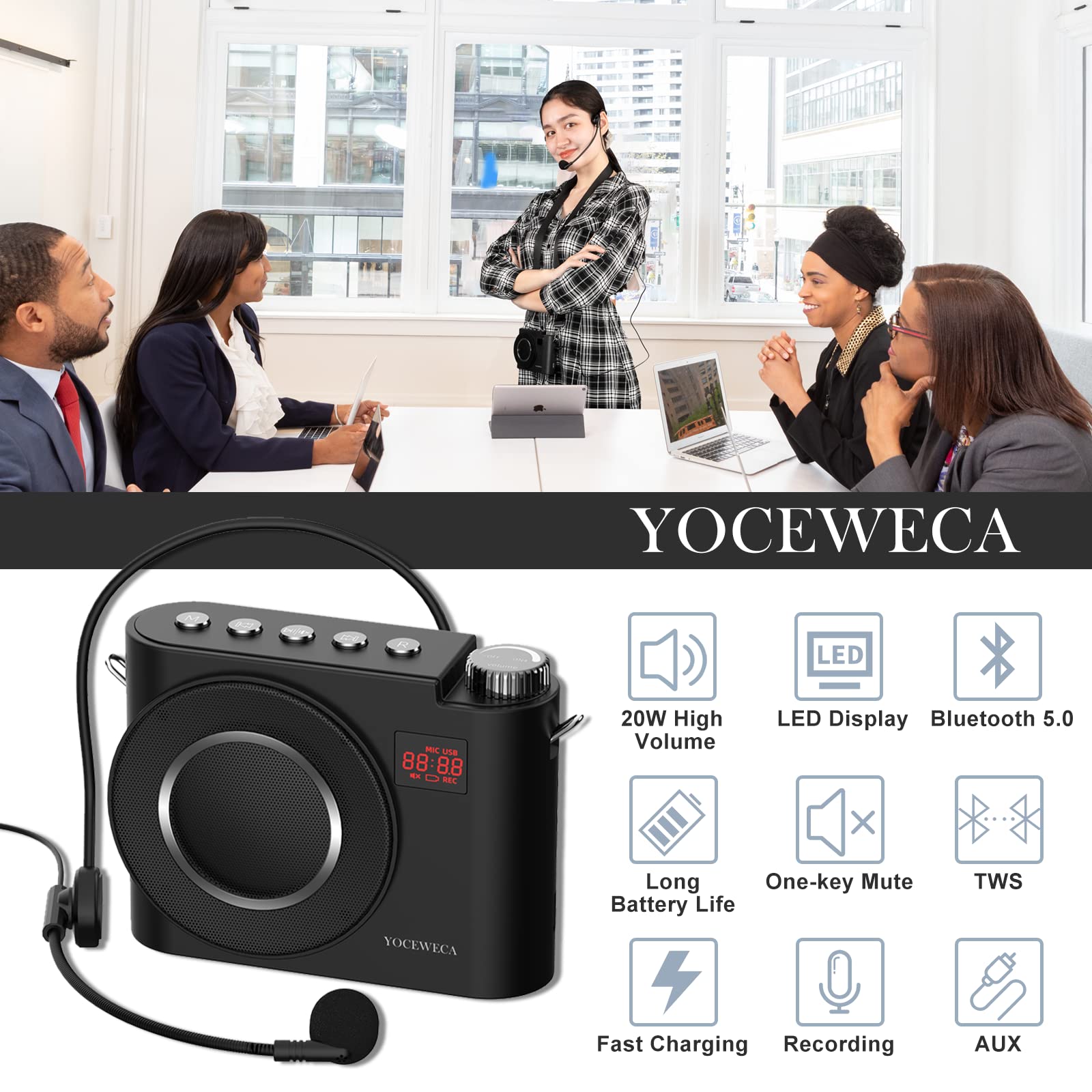 YOCEWECA Voice Amplifier with Wired Microphone Headset 20W Personal Sound Amplification Supports Mute/Bluetooth 5.0/ TWS/Recording, Portable Speaker and Mic for Teachers, Instructors,Tour Guides, etc